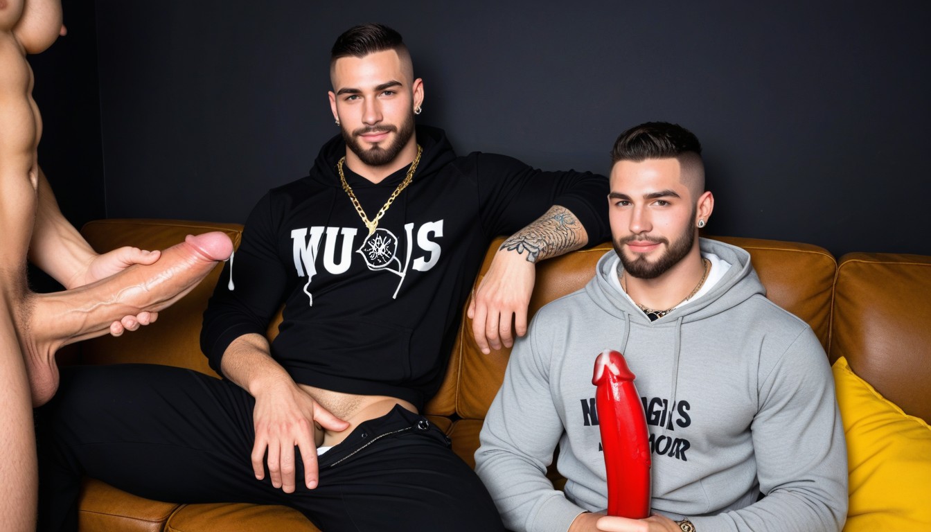 Shaved Head, Cap Says Ifuck, Exposing Erect Penis Pornografia gay com IA