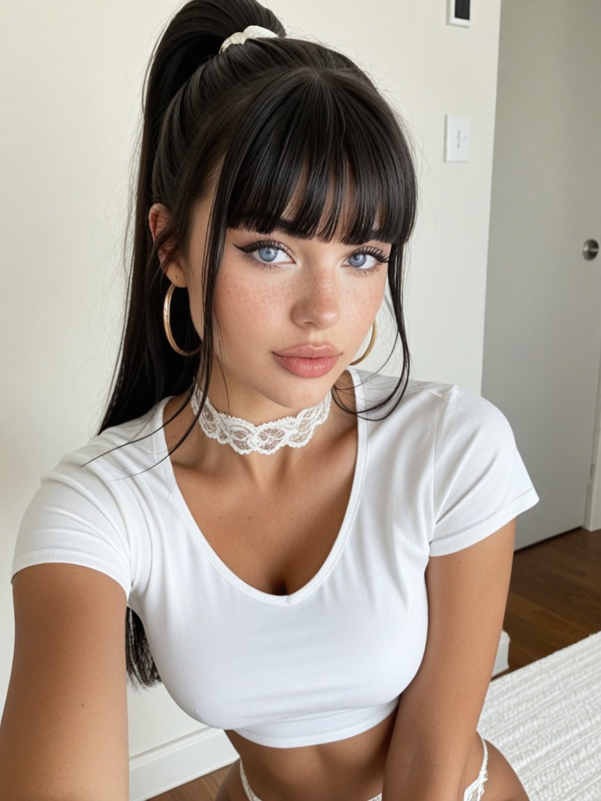 Bright Clean Minimalist Bedroom Interior, Ultra Detailed Portrait Of A Beautiful Woman, Background Softly Blurred AI Porn