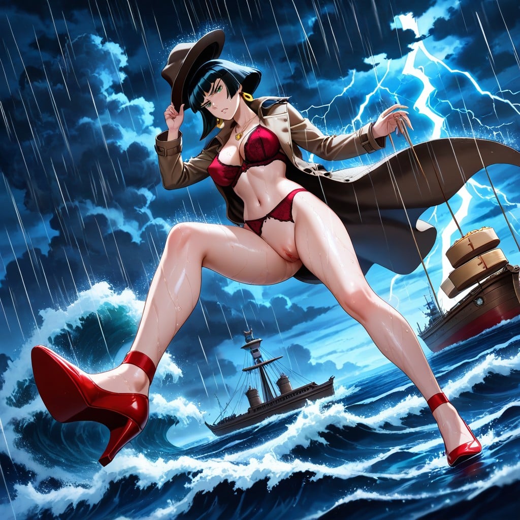 Storm Clouds, Waves Breaking Over Ship Deck, Wind In Hair Hentai AI Porn