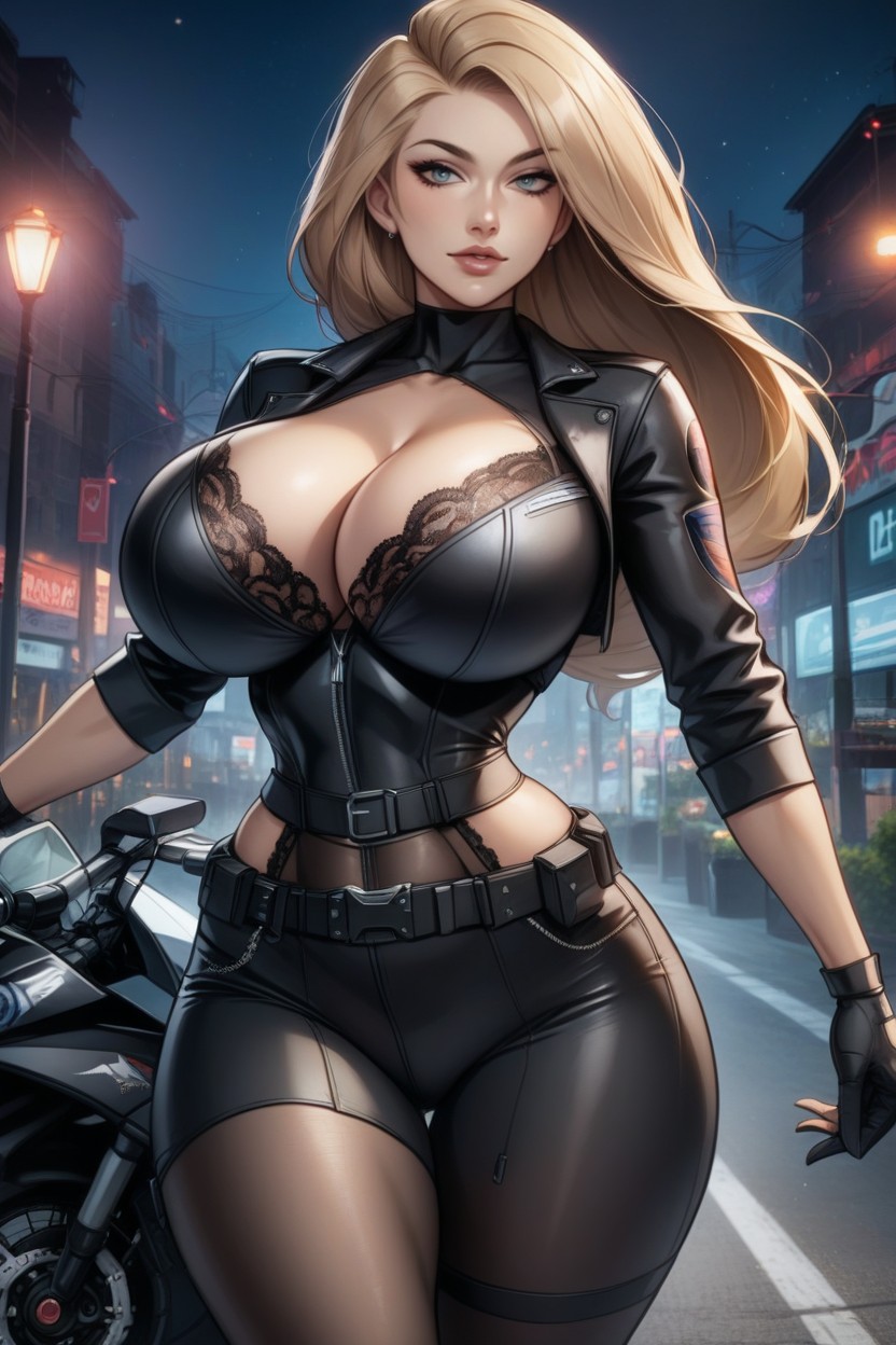 Bubble Perfect Butt, Black Biker Belt, Standing Near Biker Motorcycle AI Porn