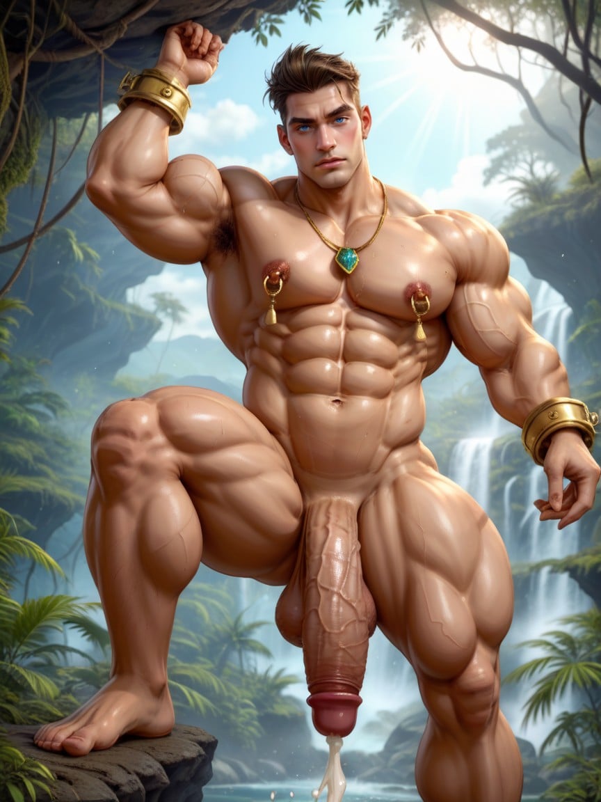 Wearing Golden Detailed Hyper Wide Cock Ring, Golden Cuffs, Cabelo Médio Pornografia gay com IA