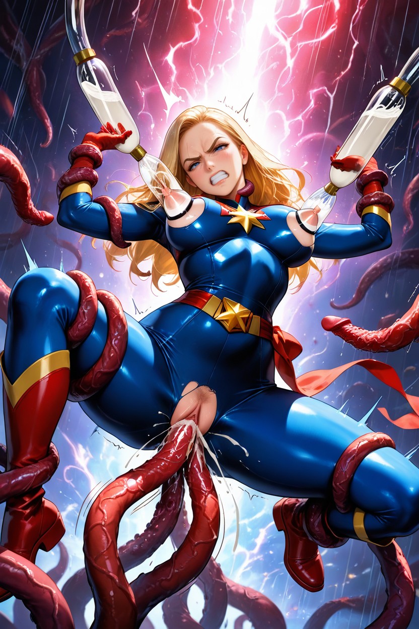 Exposed Pussy, Anime Style, Black Tentacles Grabbing Arms Hentai AI Porn