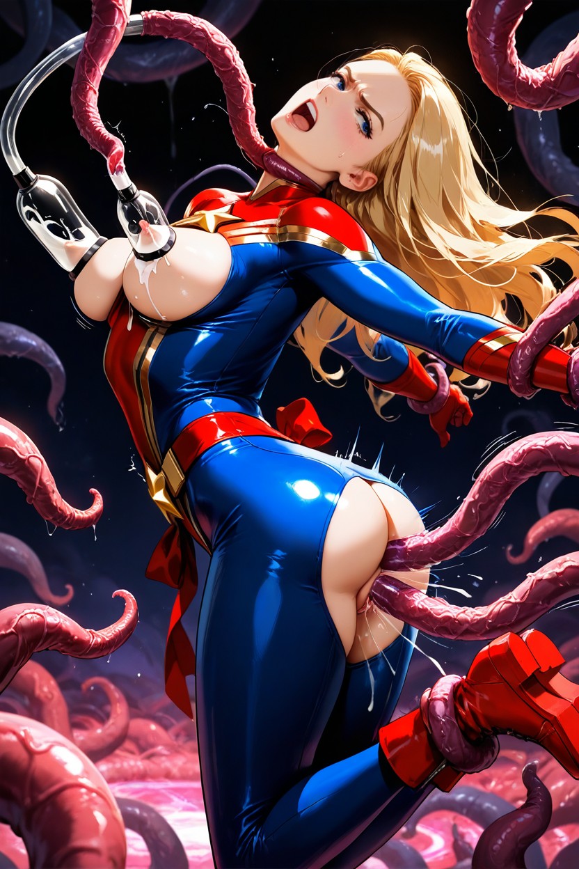 Red Sash Around The Waist With A Gold Star Buckle, Exposed Nipple, Red Tentacles Grabbing Breast Hentai AI Porn