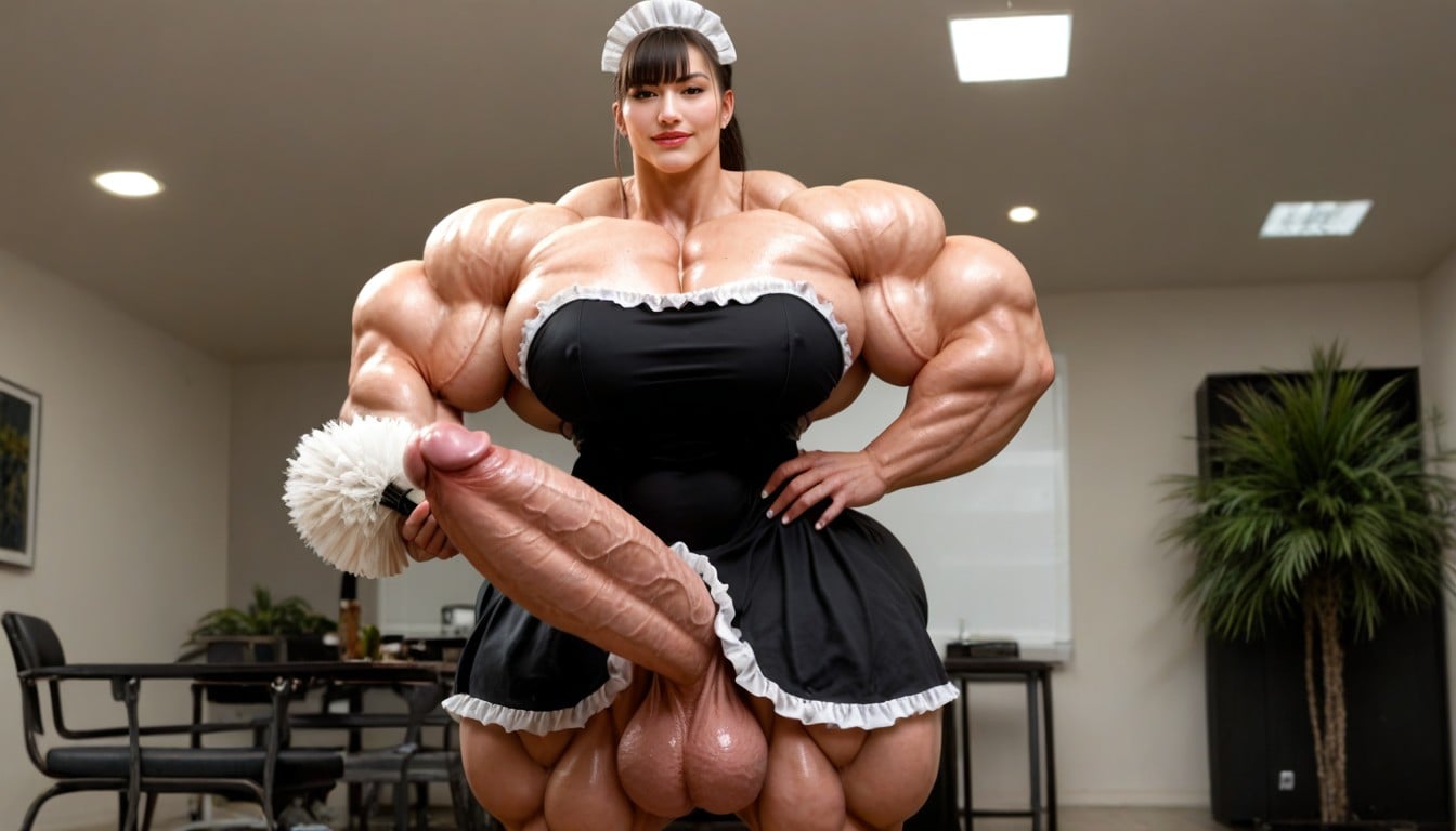 French Maid, Extremely Defined Muscles, Cleaning With Feather Duster In Her Hand Shemale AI Porn