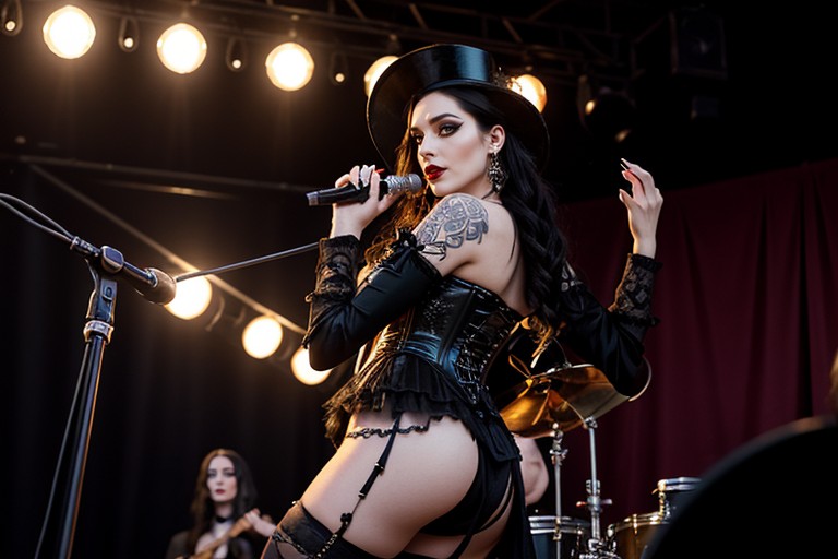 Long Length, Cold Blue Rim Light, Cuneiform Sigils On Arms And Collarbones Gothic Metal Outfit Black Corset With Plum Accents AI Porn