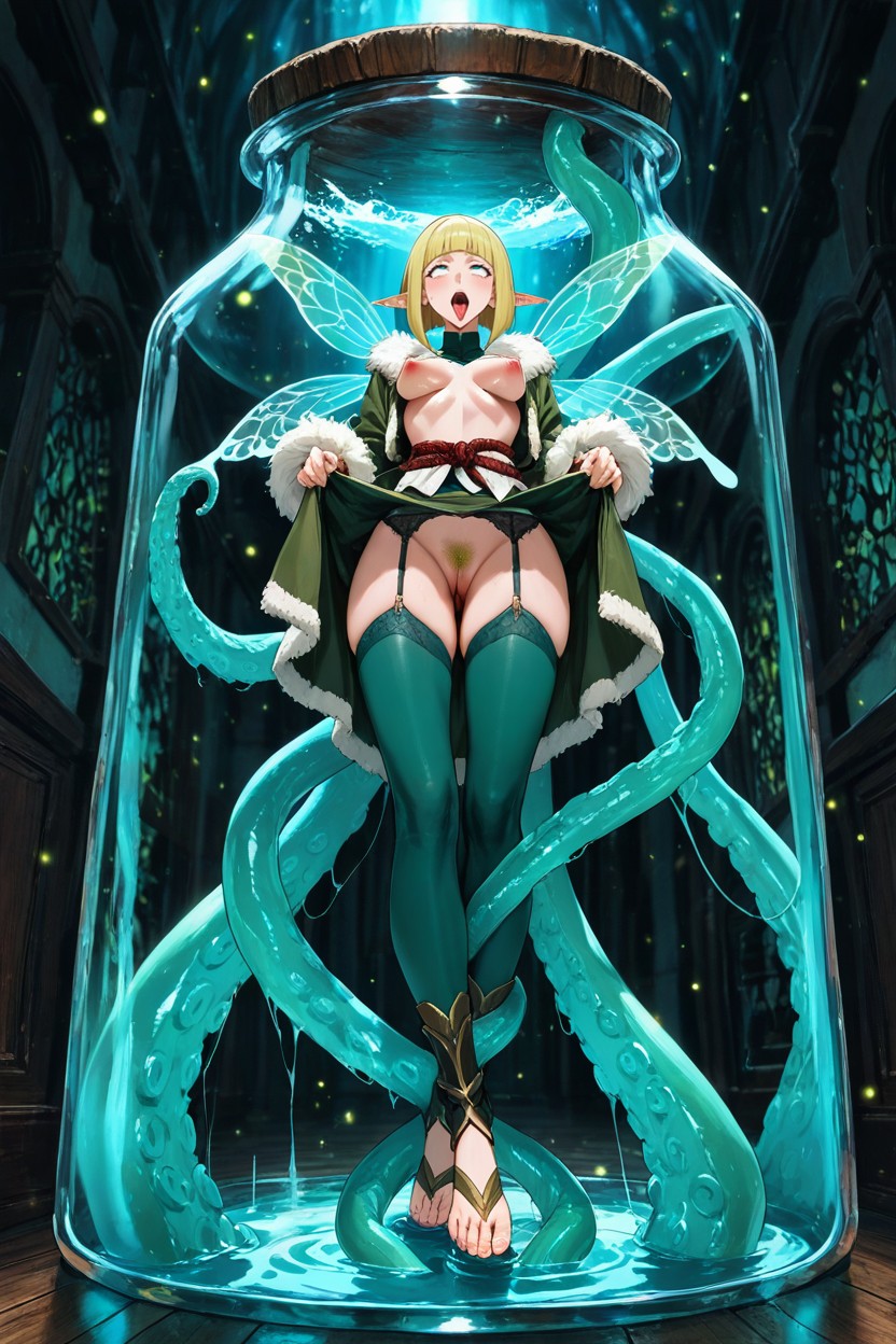 Blue Eyes, She Has Turquoise Fairy Wings, Miniaturized Liliputian Adult Women Inside A Sealed Wide-bellied Glass Jar Hentai AI Porn