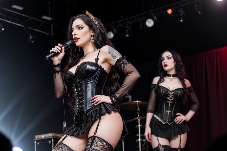 Black Hair, 18+, Cuneiform Sigils On Arms And Collarbones Gothic Metal Outfit Black Corset With Plum Accents AI Porn