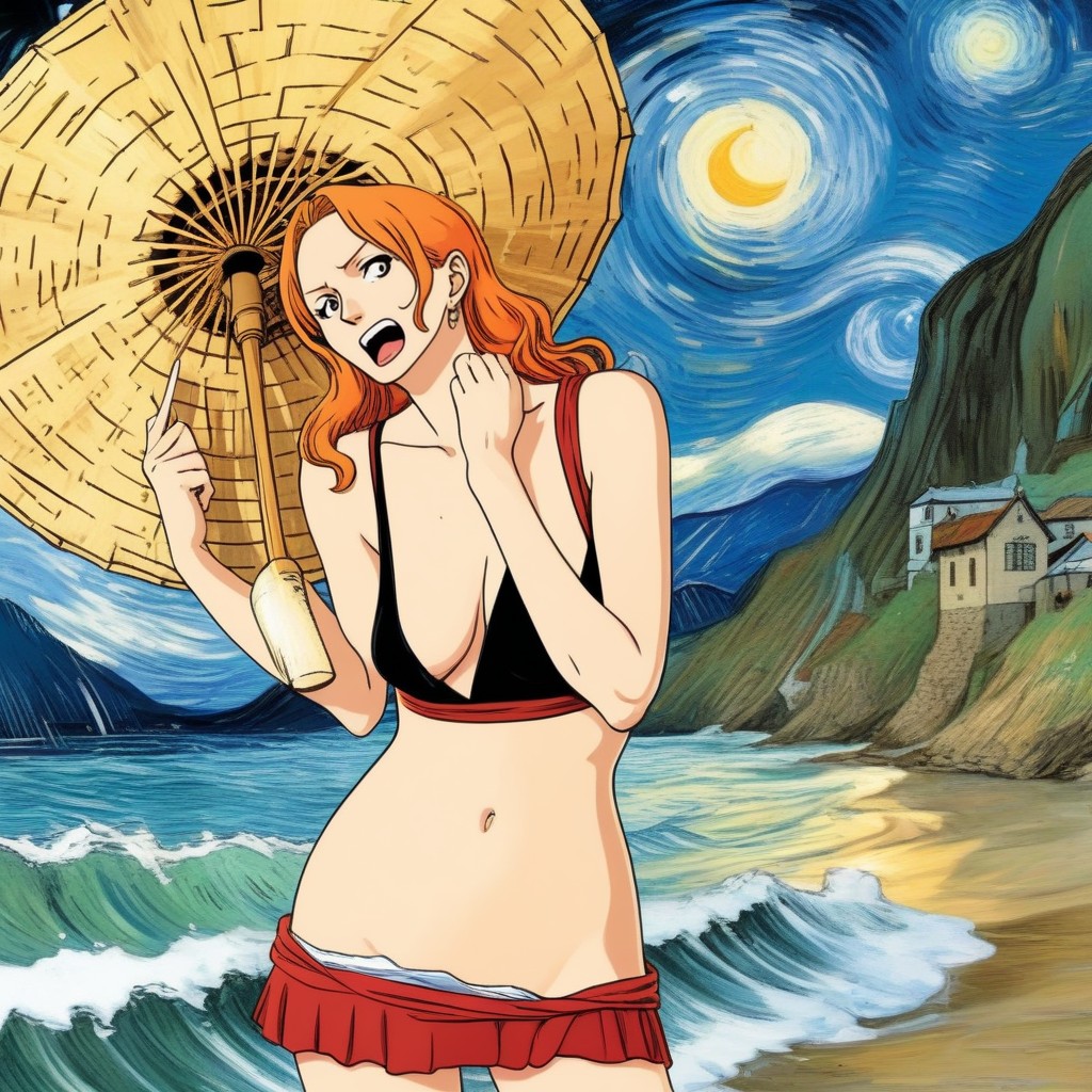 Single Page Comic, Nami Inside The Original The Scream Painting By Vincent Van Gogh, Fairy Tale About One Piece AI Porn