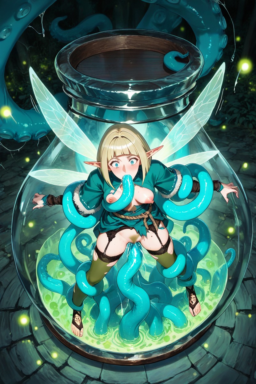 Green Cloth Toeless Sandals, Smooth Detailed Feet, Elf Detailed Blonde Pubes Hentai AI Porn