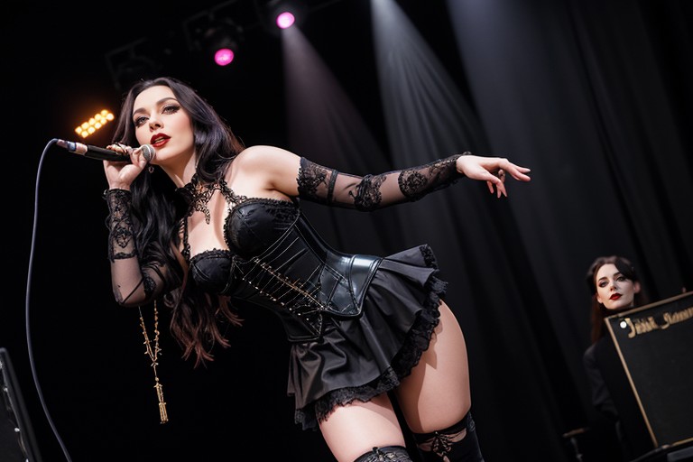 Lace Sleeves, Long Length, Cuneiform Sigils On Arms And Collarbones Gothic Metal Outfit Black Corset With Plum Accents AI Porn