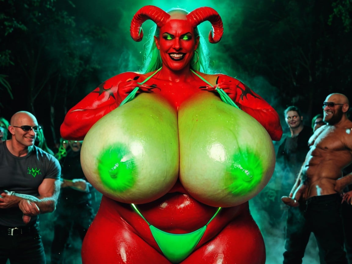 Very Bright Fluorescent Glowing Eyes, Hyper Oiled Skin, She Is Bald AI Porn