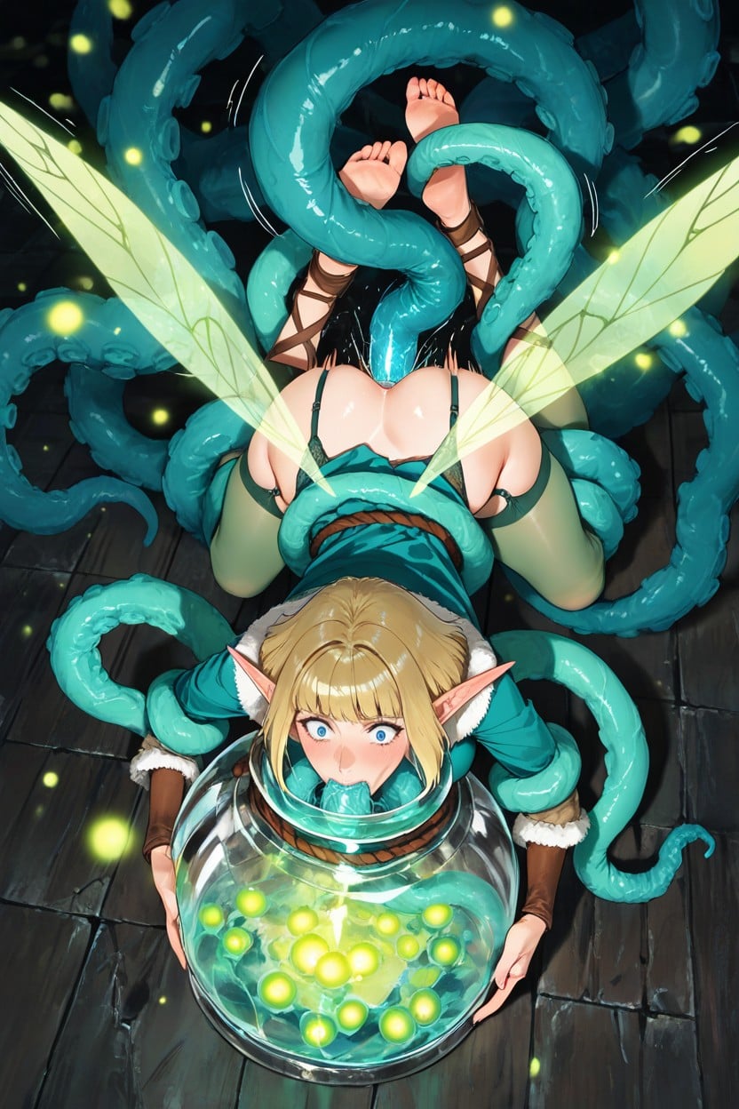 The Wide-bellied Glass Jar Is Filled With Insanely Gigantic Aqua Tentacles, Long Wicks, Soft Realism Hentai AI Porn