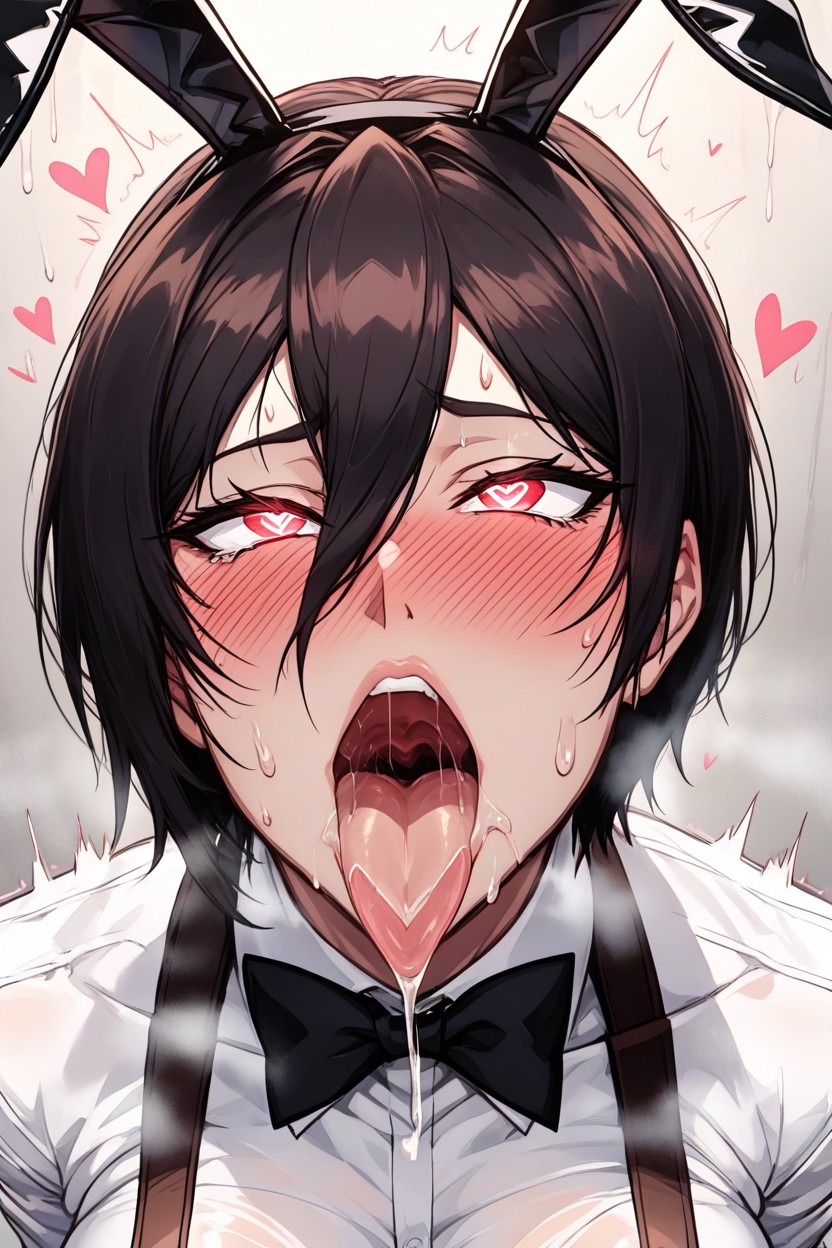 Tongue Out, Reverse Tuxedo Bunny Outfit, Nipples Showing Through Clothes Hentai AI Porn