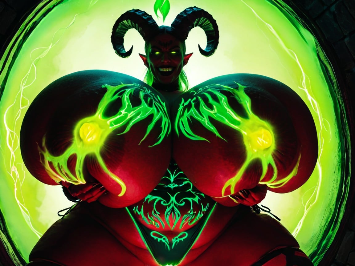 Ridiculously Huge Breasts, Many Fluorescent Green Glowing Demonic Tattoos, Hyper Breast Expansion AI Porn
