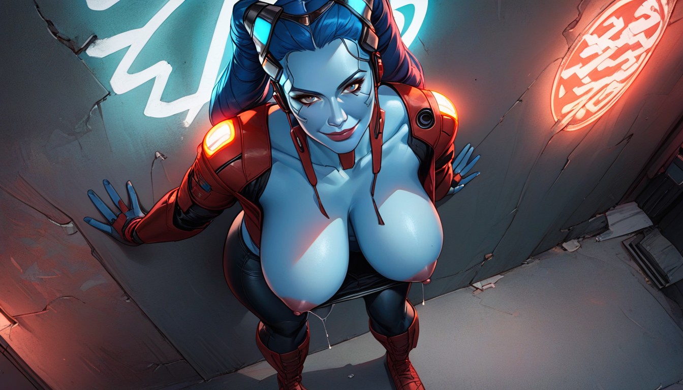 Breasts Against Wall, Mischievous Smile, Glowing Neon Signs AI Porn