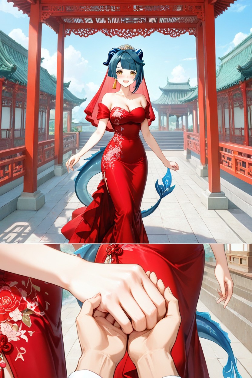Ruffled Red Asian Dress, Close Up, Asian Bride Red Veil AI Porn