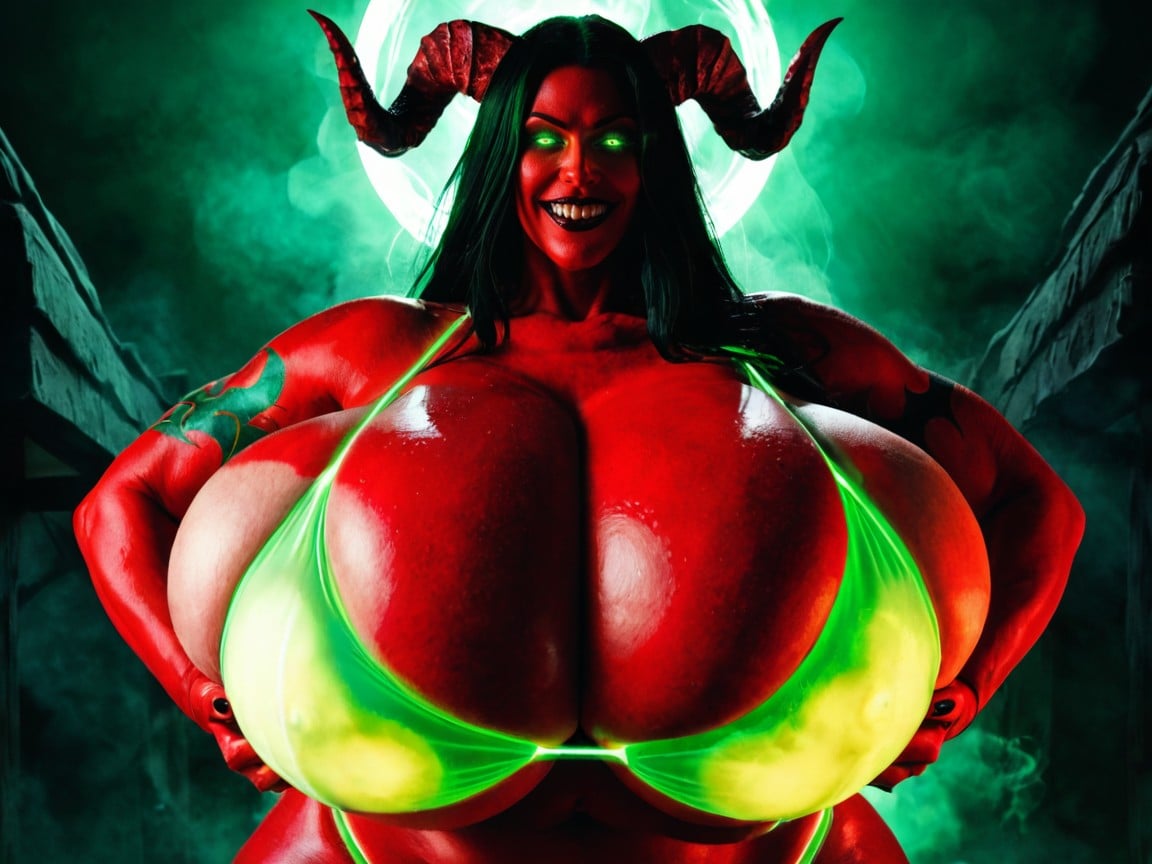 Huge Fluorescent Demonic Horns, Hyper Breast, Green Fluorescent Glowing Demonic Tattoos AI Porn