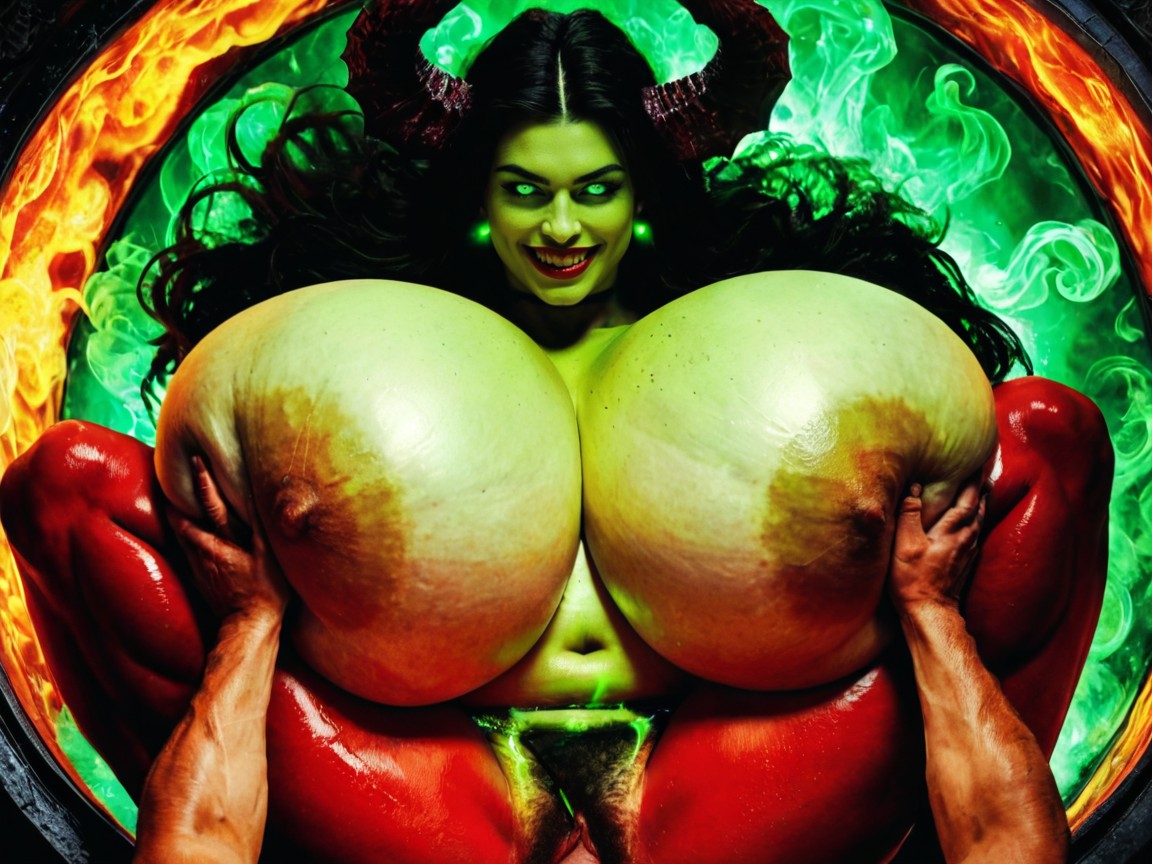 Hyper Oiled Skin, Eyes Glowing Fluorescent Green, She Is A Red Devil Monster AI Porn