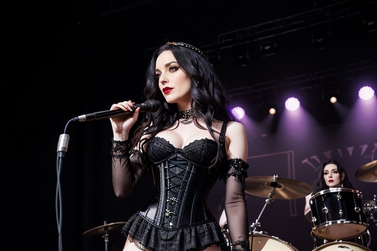 On Stage, Glowing Gold Eyes, Long Dark Hair AI Porn
