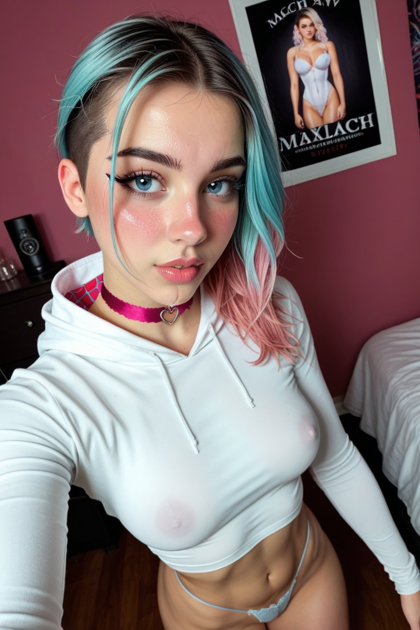 Top Down, Pink Ribbons Choker, Multi Colored Hair AI Porn