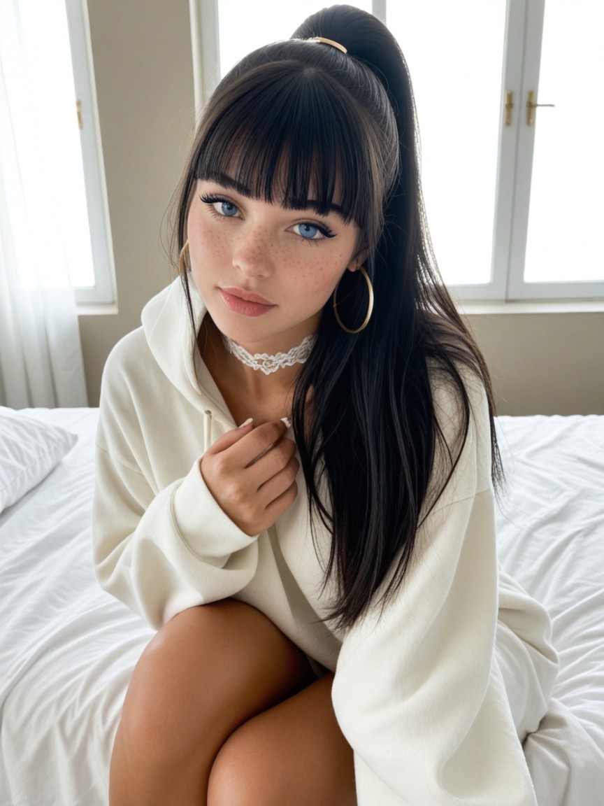 Elegant Feminine Vibe, Blue Eyes, Sharp Winged Eyeliner AI Porn