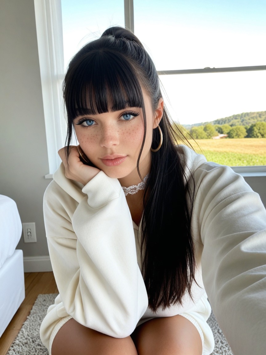 18+, Cheveux Noirs, Long Black Hair In A Thick High Ponytail With Bangs Porno IA