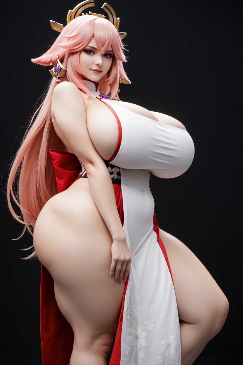 Standing Tall To Viewer, Hyper Saggy Fat Breasts, Arms On Hips AI黃片