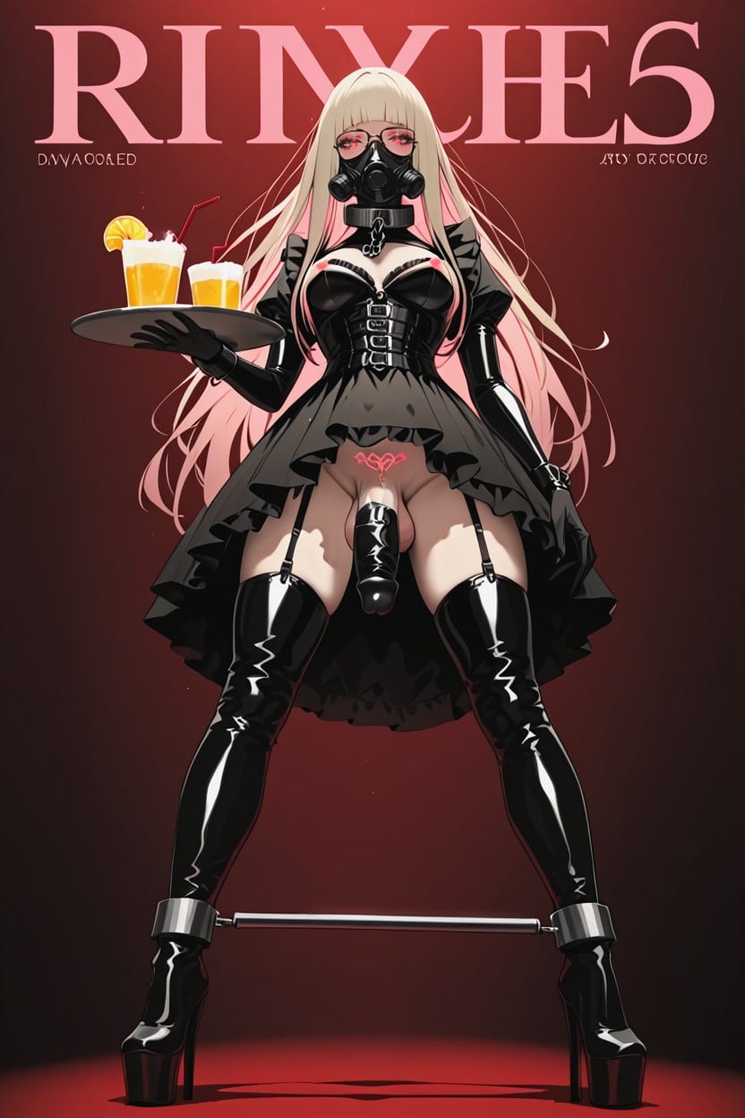 Standing, Volumetric, Wearing Black Latex Made Dress Shemale AI Porn