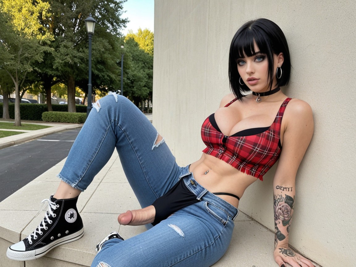 Glossy Black Goth Hair, Jeans, Bangs Hair Shemale AI Porn