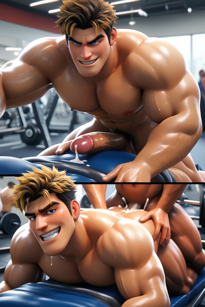 Muscular Tan Getting Penetrated, Behind Many People, Public AI Gay Porn