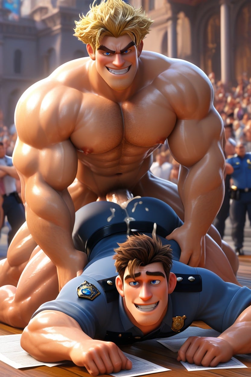Motion Lines, Muscular Tan Getting Penetrated, People Watching ゲイAIポルノ