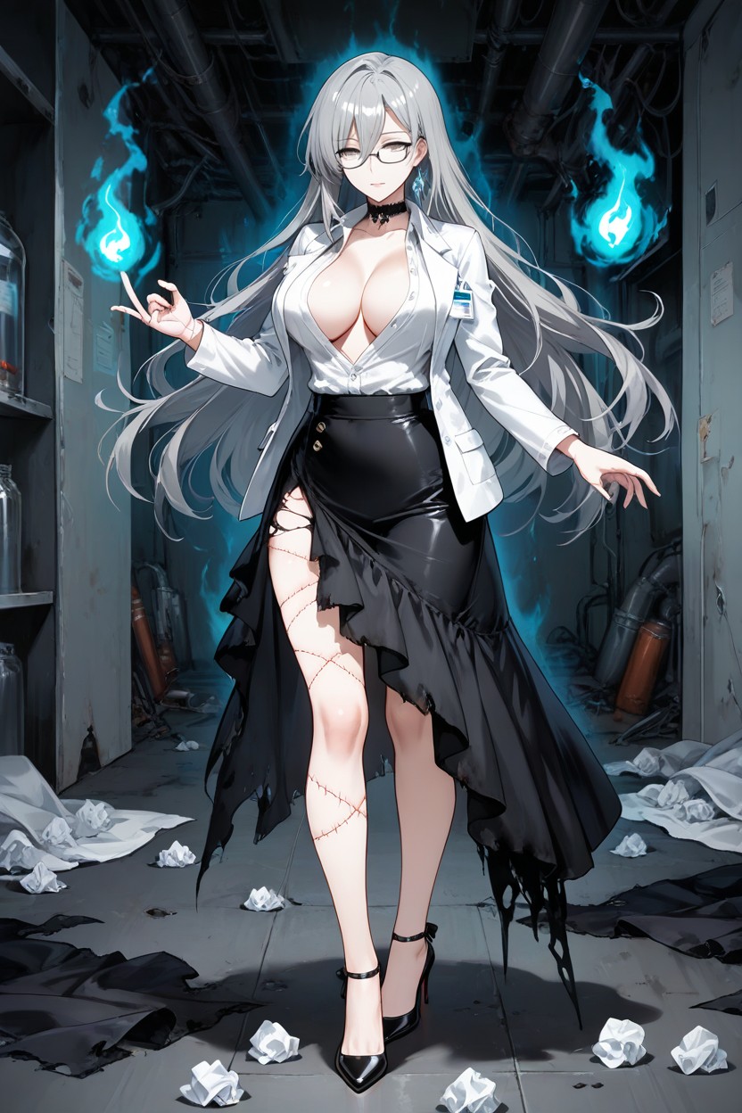 Layered Voices Visual Cue, Anxious Stitch-touching Gesture, Visible Neural Scarring Hentai AI Porn