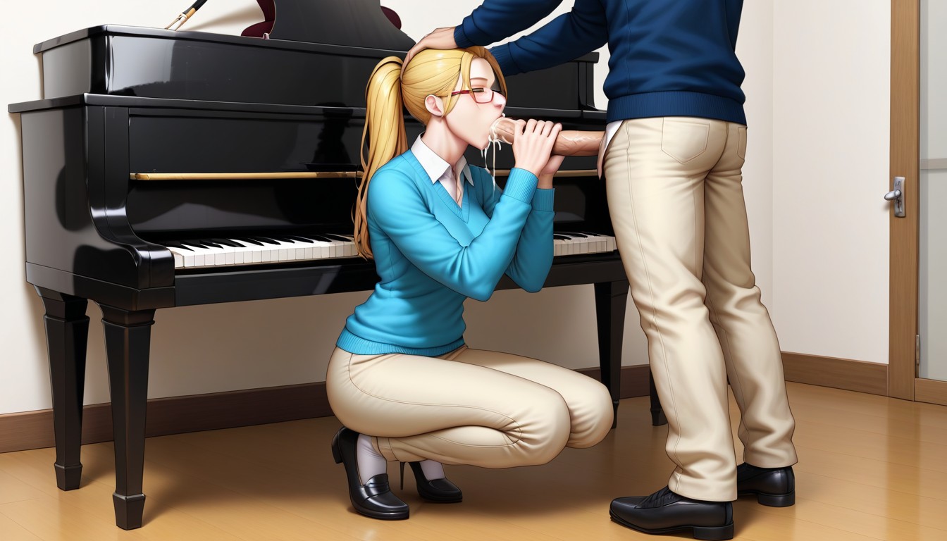 Glasses, Pants, On Her Knees On The Floor Next To A Piano Hentai AI Porn
