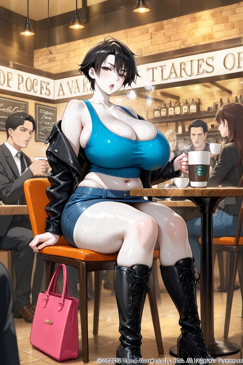 Woman Drinking Coffee, Across The Table, Seductive Hentai AI Porn