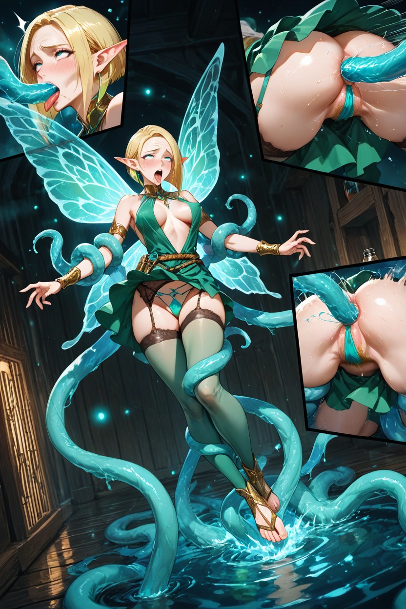 Lifted Mid-air, Miniaturized Liliputian Adult Women Fully Enclosed Within A Spherical Jar, Blue Eyes Hentai AI Porn