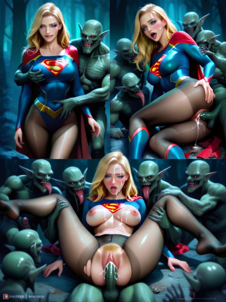 Goblins Sucking Her Breasts, Cumshot, Dressed As Supergirl AI Porn