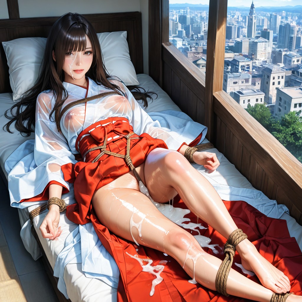 See-through Sheer Pure White Top, Red Cloth Sash, Shibari AI Porn