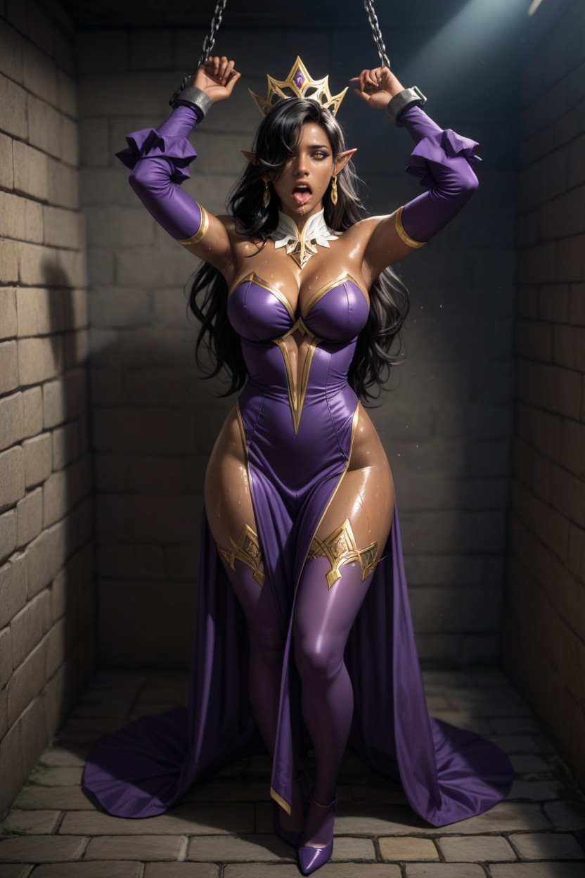 Hair Over One Eye, Purple Thighhighs, Arms Up Hentai AI Porn