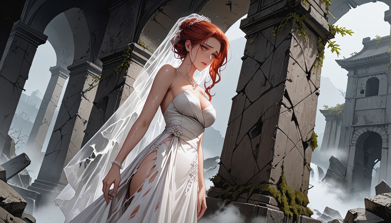 Amber Eyes, Desperate, Female Standing In Ruined Corridor Hentai AI Porn