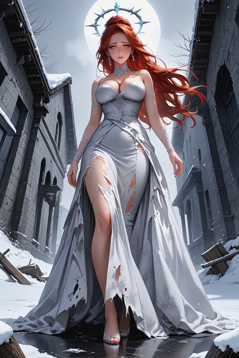 Female On Knees In Front Of Abandoned Gate, Torn And Soaked, Cracked Frozen Ground Hentai AI Porn