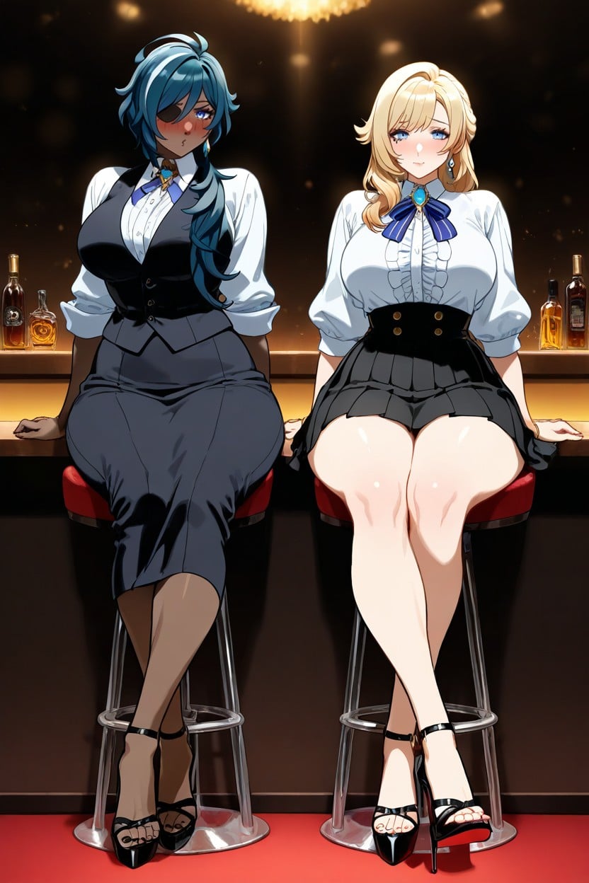 Shoulder Length Poker Straight Hair, Heavily Made Up, Sitting On A High Bar Stool Porno IA