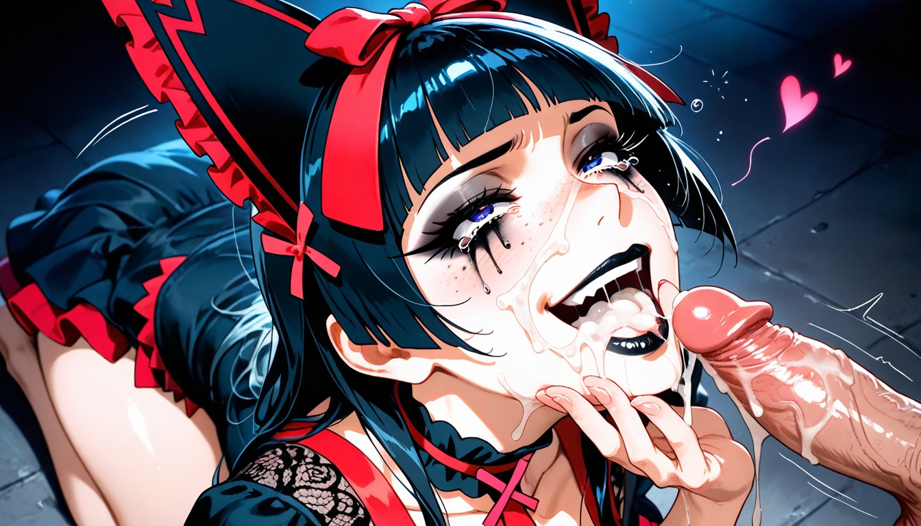 Cum In Mouth, Dark Blue Eyes, Gothic Lace Dress Hentai AI Porn