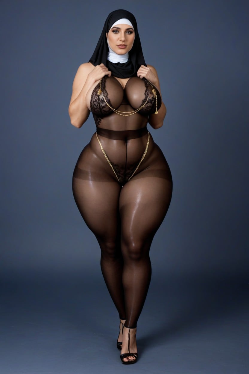 Focus On Hijab In Sheer Lace Brown Floral Print Jumpsuit, Writing On Legs, Gold Nipple Chain AI Porn