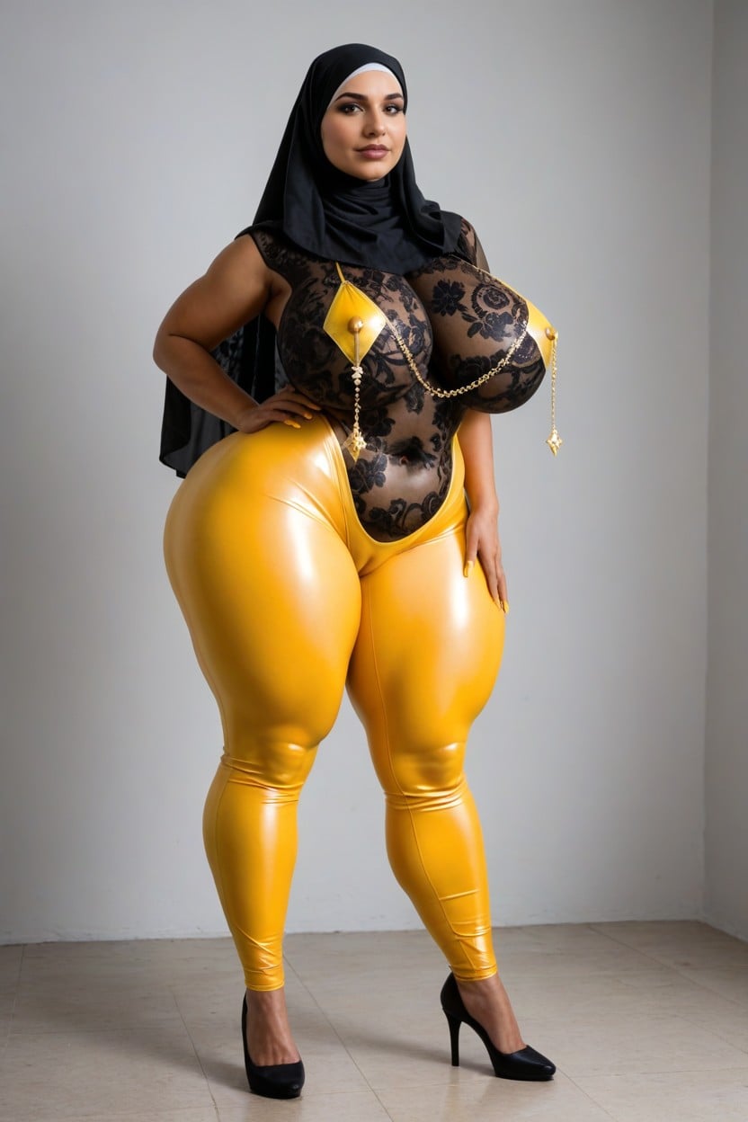 Looking At Viewer, Massive Huge Natural Breasts In Complete Black Floral Print In Sheer Lace Yellow Bodysuit, 18+ Porno IA
