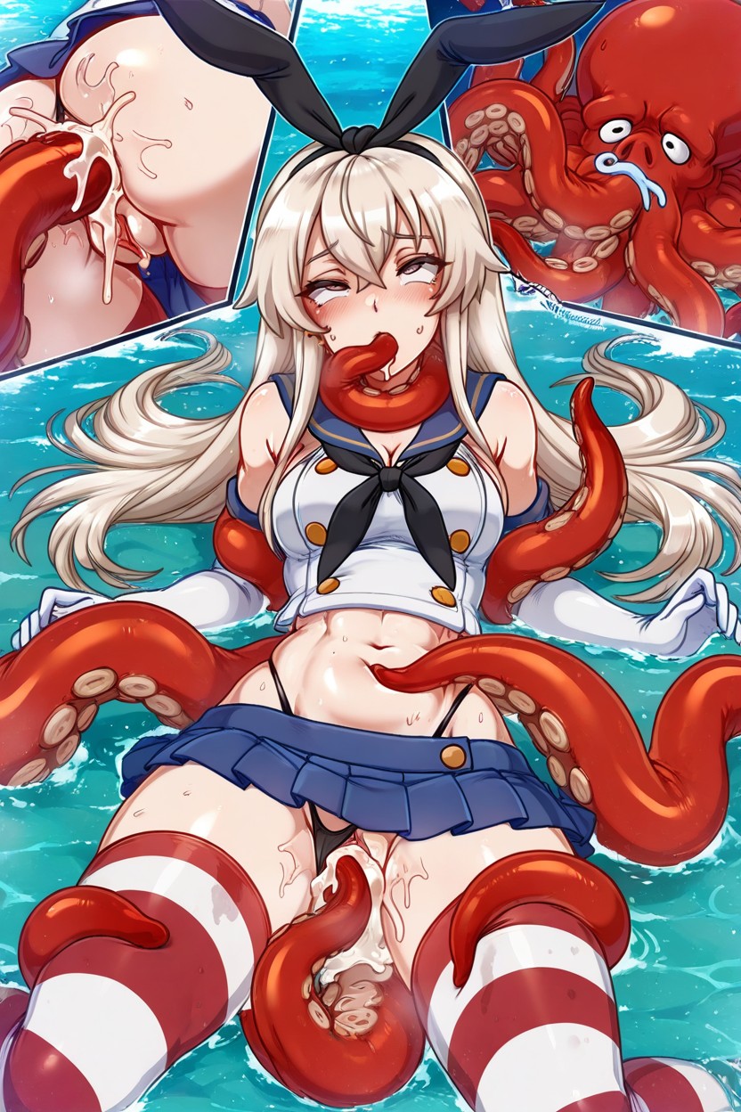 White And Blue Sailor Uniform, Located In The Air, Legs By Tentacles Hentai AI Porn