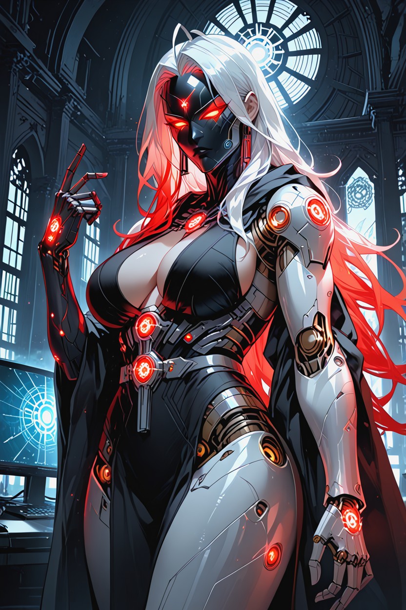 Black And White Hair, Cybernetic Altar, Female Figure In Dark Hooded Robe Hentai AI Porn