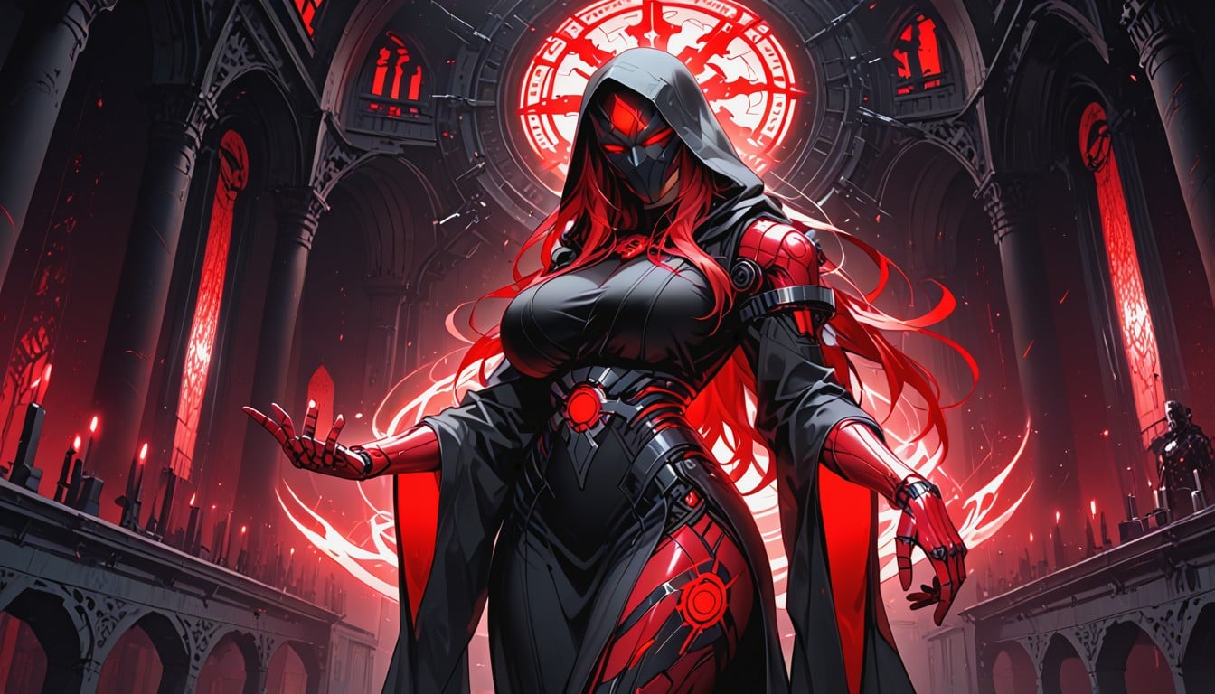 Glowing Red Mechanical Components, Interior Of Black Cathedral, Intertwined Black Cables Hentai AI Porn