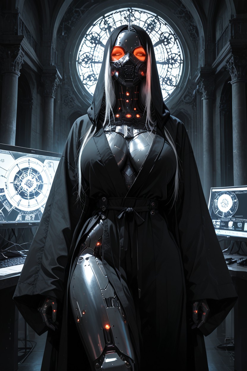 Black And White Hair, Female Figure In Dark Hooded Robe, Massive Breast AI Porn
