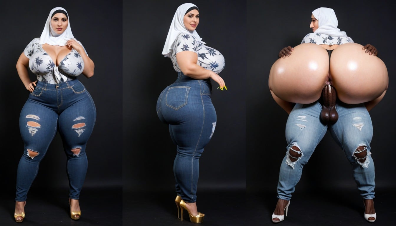 Floral Print Jeans Jumpsuit, Ssbbw, Side View AI Porn