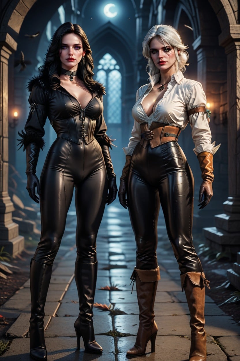 2 People, Ciri Wears A Light Brown Corset, Very Detailed Hentai AI Porn